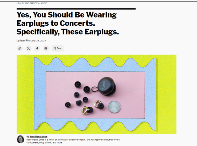 Wirecutter article titled "Yes, You Should Be Wearing Earplugs to Concerts. Specifically, These Earplugs."