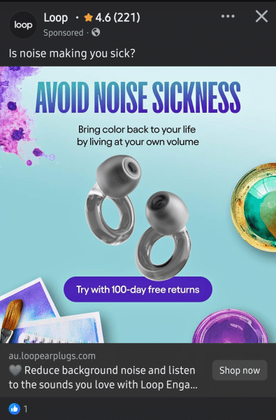 A Loop ad saying "avoid noise sickness"