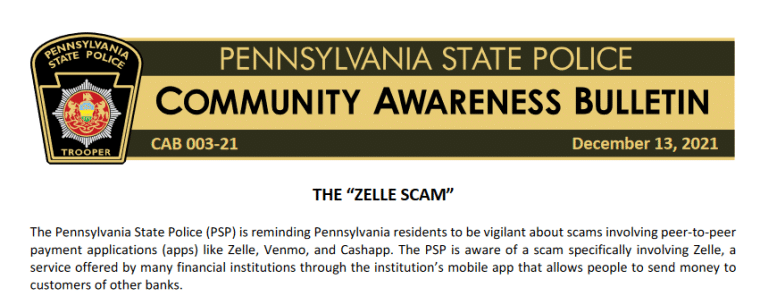 PA bulletin on zelle scams