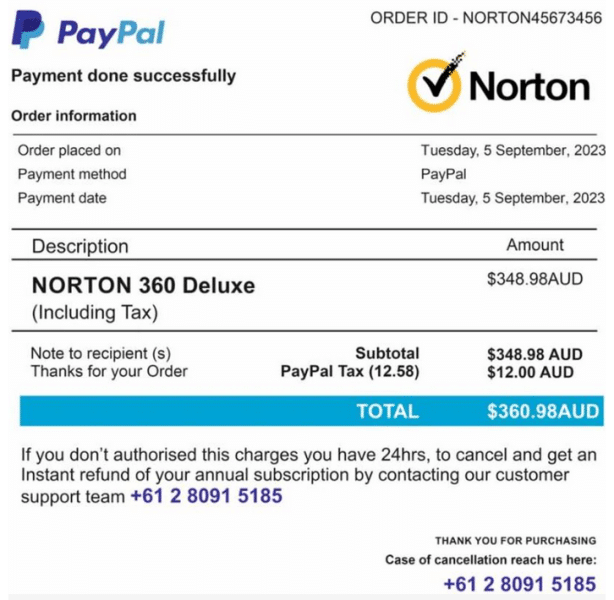 norton lifelock paypal scam email