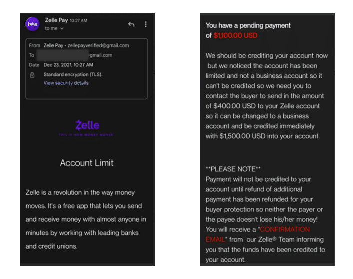 zelle business scam example