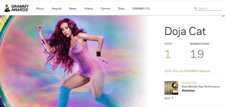 Screenshot from grammy.com, showing the number of awards and nominations Doja Cat has