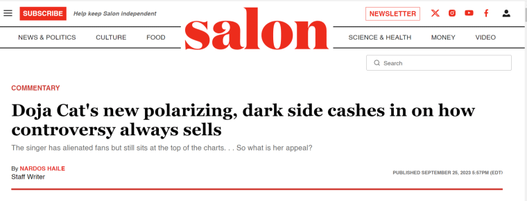 Salon article titled "Doja Cat's new polarizing, dark side cashes in on how controversy always sells"