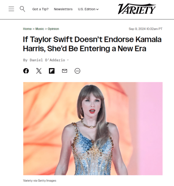 Variety op-ed titled "If Taylor Swift Doesn’t Endorse Kamala Harris, She’d Be Entering a New Era"