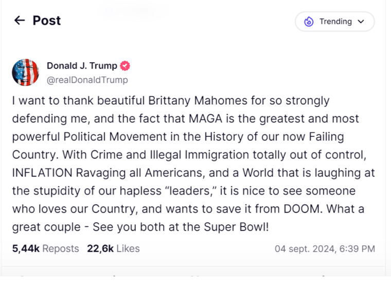 Trump's Truth Social Post in which he thanks Brittany Mahomes for defending him