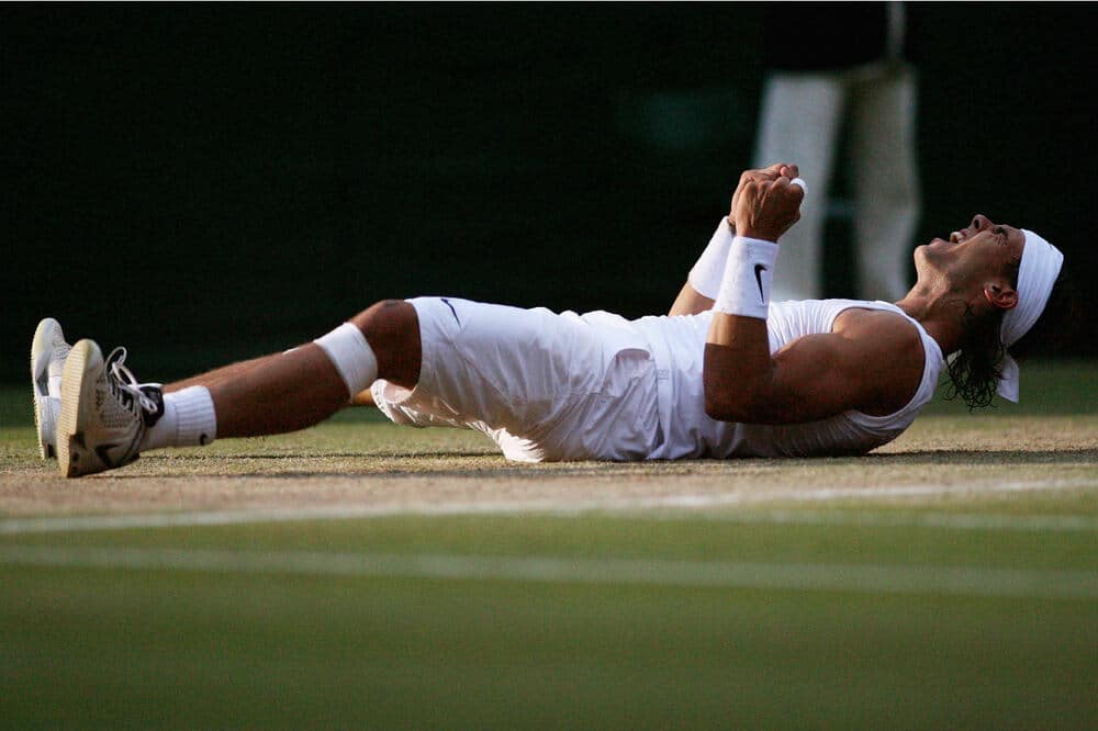 Rafael Nadal celebrates winning Wimbledon 2008