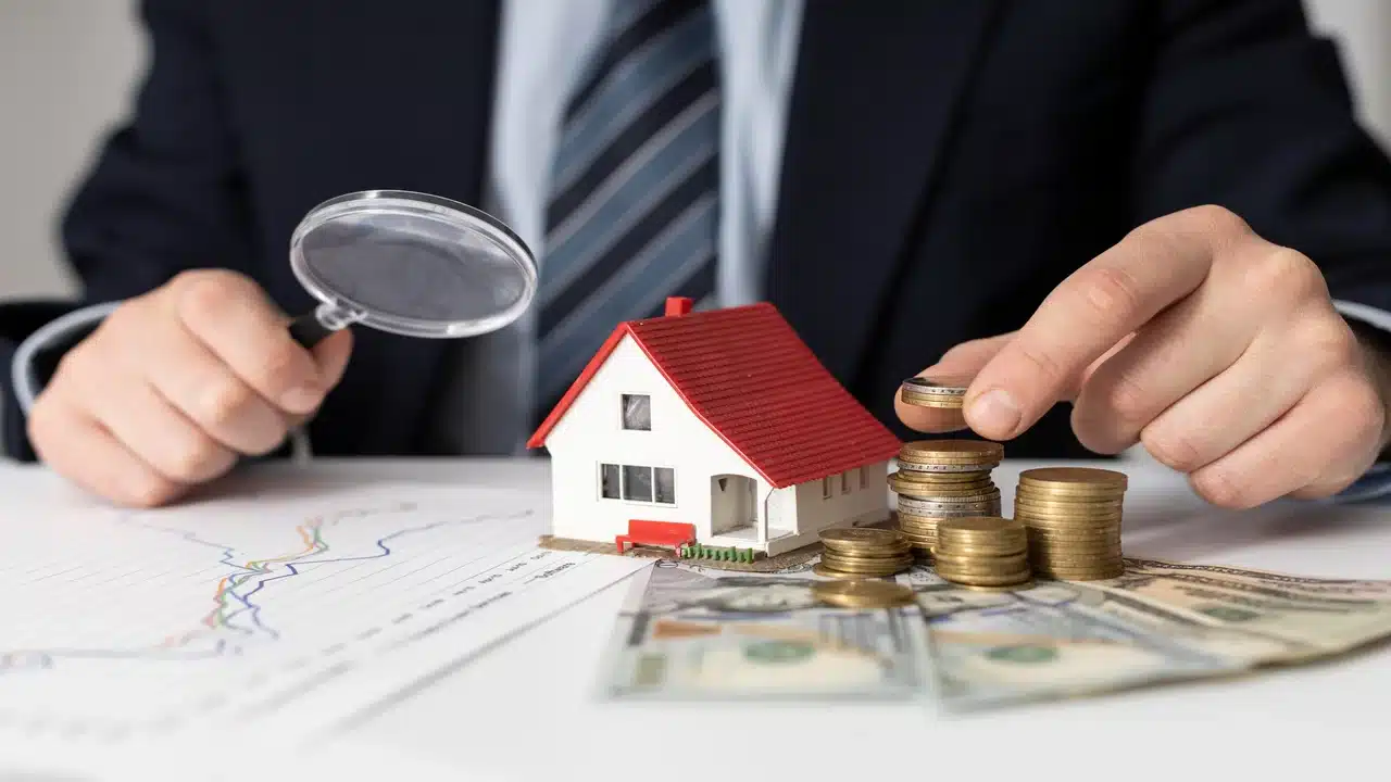 Man with small house and coins and bills