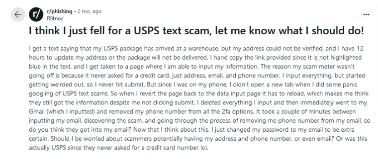 Reddit USPS text scam example