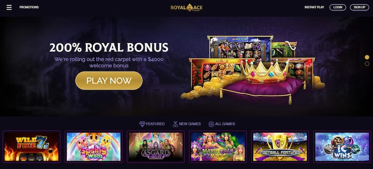 The Royal Ace casino homepage.