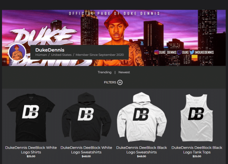 Duke Dennis' merch page